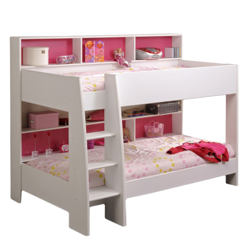Etagenbett Tam Tam 1 Parisot inklusive Regalwand + 2 Lattenrostplatten weiß pink