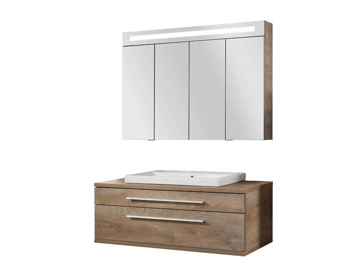 Fackelmann STANFORD Badmöbel Set 3-teilig,110 cm breit, Braun, Keramik + Spiegelschrank