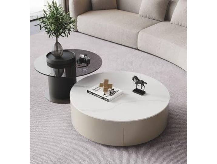 Einfaches Modernes Couchtisch-Set Aus 2, Couchtisch Rund Mit Ausgefallenem Beistelltisch Und Gehärteter Glasplatte, Luxuriöse Couchtisch Modern Für Das Wohnzimmer, Einzigartiger Runder Couchtisch(Khak