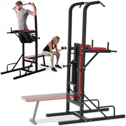 tectake® Power Tower, mit klappbarer Hantelbank und Langhantelablage, gepolstert mit Kunstlederbezug, 180 x 95 x 210 cm