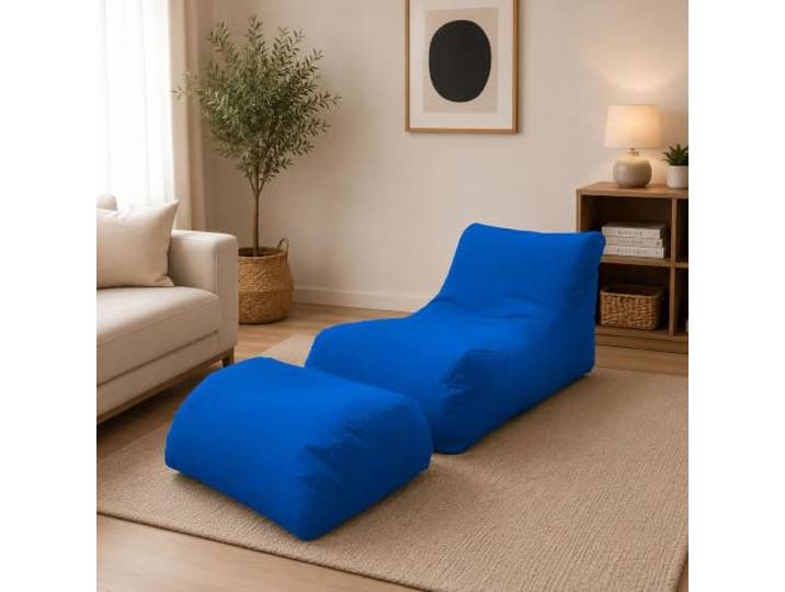 Dmora Moderne Wohnzimmer-Chaiselongue, Made in Italy, Sessel mit Nylon-Fußstütze, Gepolsterter Sitzpuff für Schlafzimmer, 120x80h60 cm, Blaue Farbe