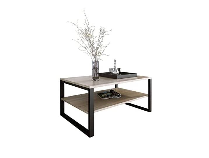 Design Möbel Beistelltisch Couchtisch Rechteckig Wohnzimmertisch Kaffeetisch Modern Sofatisch Tischplatte Tisch mit unterer Ablage Beine aus Metall Industrieller Stil Basic (Sonoma Eiche)