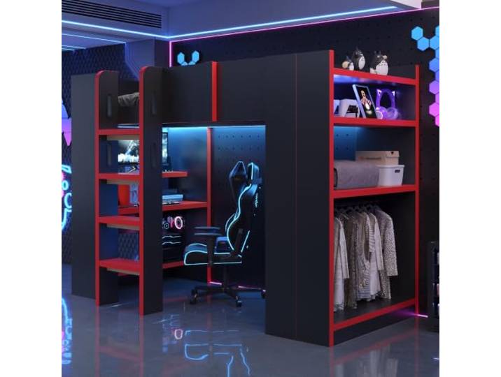 Merax Multifunktionales Hochbett 90x200 cm mit Schreibtisch, Computerhalterung, Regal, Kleiderstange, Steckdose, LED & Sicherheitsleiter – E-Sport-Look, Schwarz-Rot (Ohne Matratze)