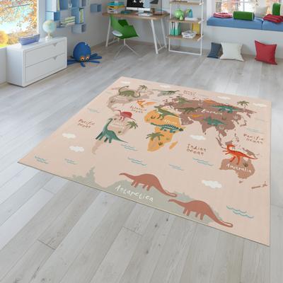 Paco Home Kids Rug Play Mat with World Map & Dinosaurs in Beige