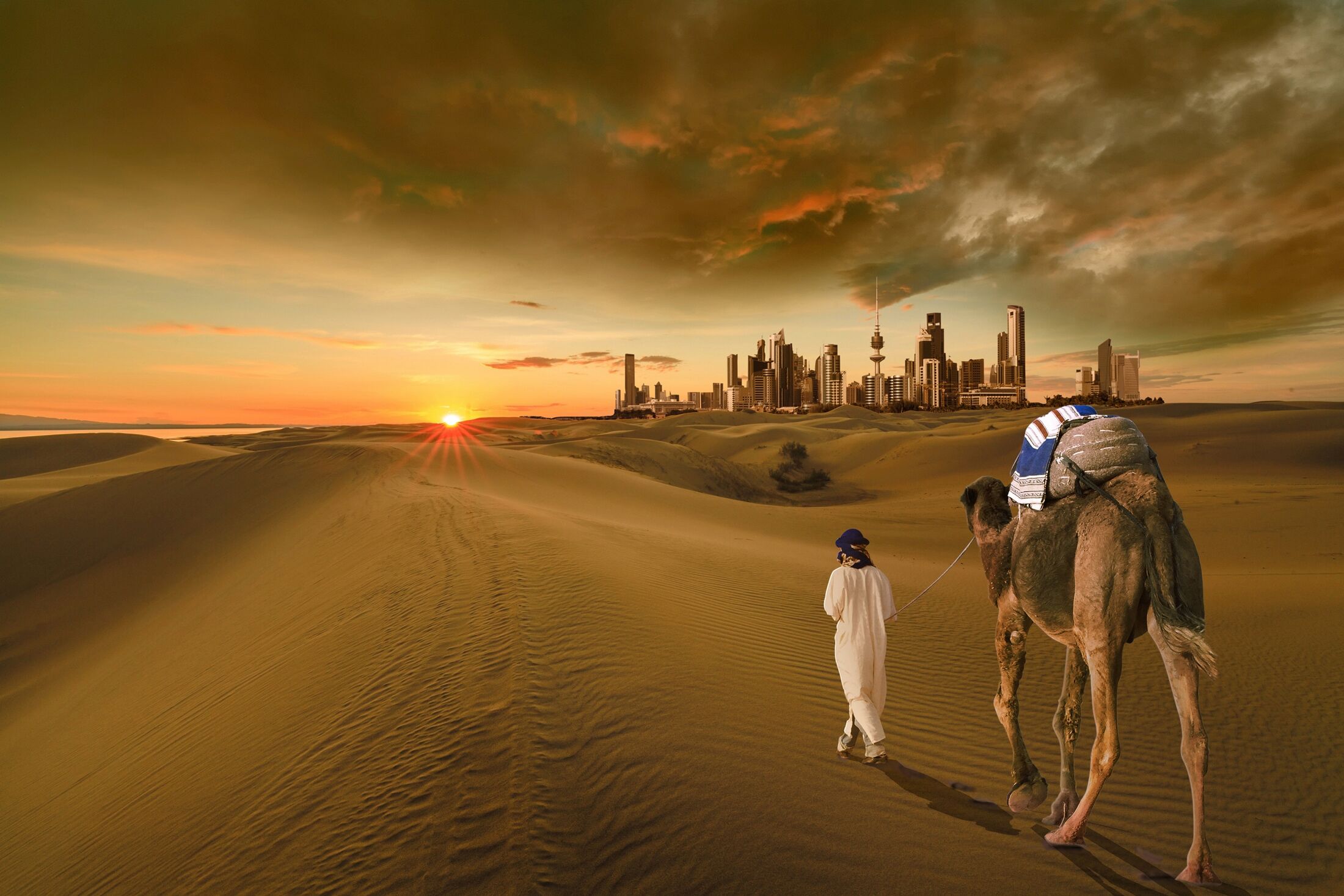 Fototapete PAPERMOON "KUWAIT-STADT-WÜSTE KAMEL DÜNEN SKYLINE STRAND MEER GOLF", bunt, B:5m L:2,8m, Vlies, Tapeten