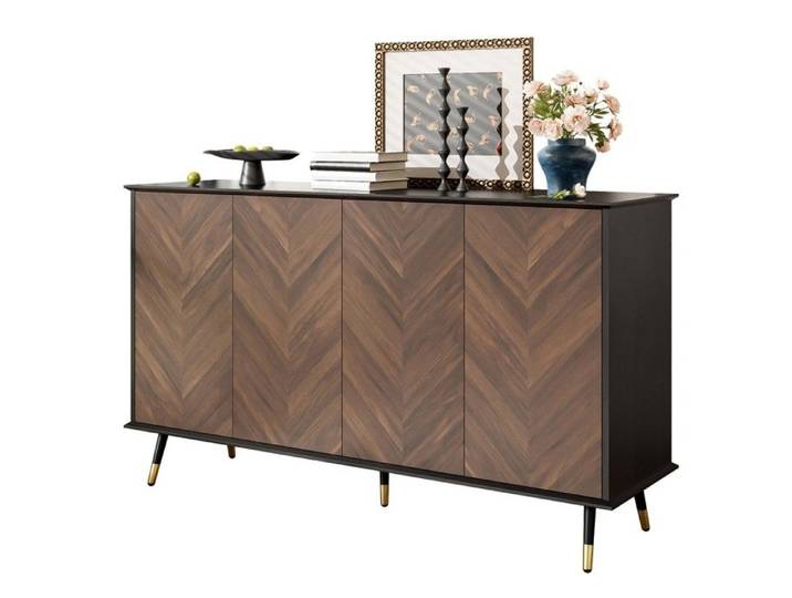 Buffet Bahut Noir Marron 140x40x80cm structure MDF Pieds Métal 4 Portes Étagères Réglables rangement Salon Entrée Et Salle À Manger