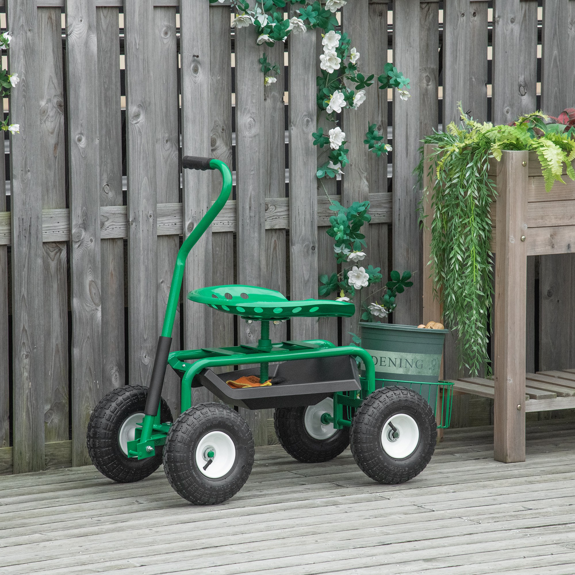 Outsunny Sgabello con ruote 360° girevole altezza regolabile Carrello da giardino con ripiano Ruote Manico Sedile da giardino mobile Sedile da lavoro Sgabello da giardino fino a 150 kg Carrello rotante in metallo per giardinaggio Verde   Aosom Italy