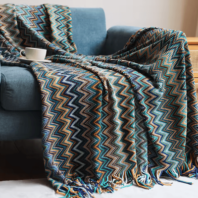 Inspire Curations Rust Red Boho Knitted Tassel Throw Blanket boho Blue 127x180cm