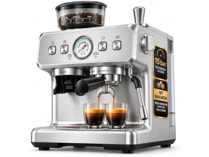 COWSAR Edelstahl Espressomaschine mit integriertem Kegelmahlwerk 30 Mahlgradeinstellungen, PID-Temperaturregelung, Manometer & Tassenwärmer für Espresso, Cappuccino und Latte Macchiato