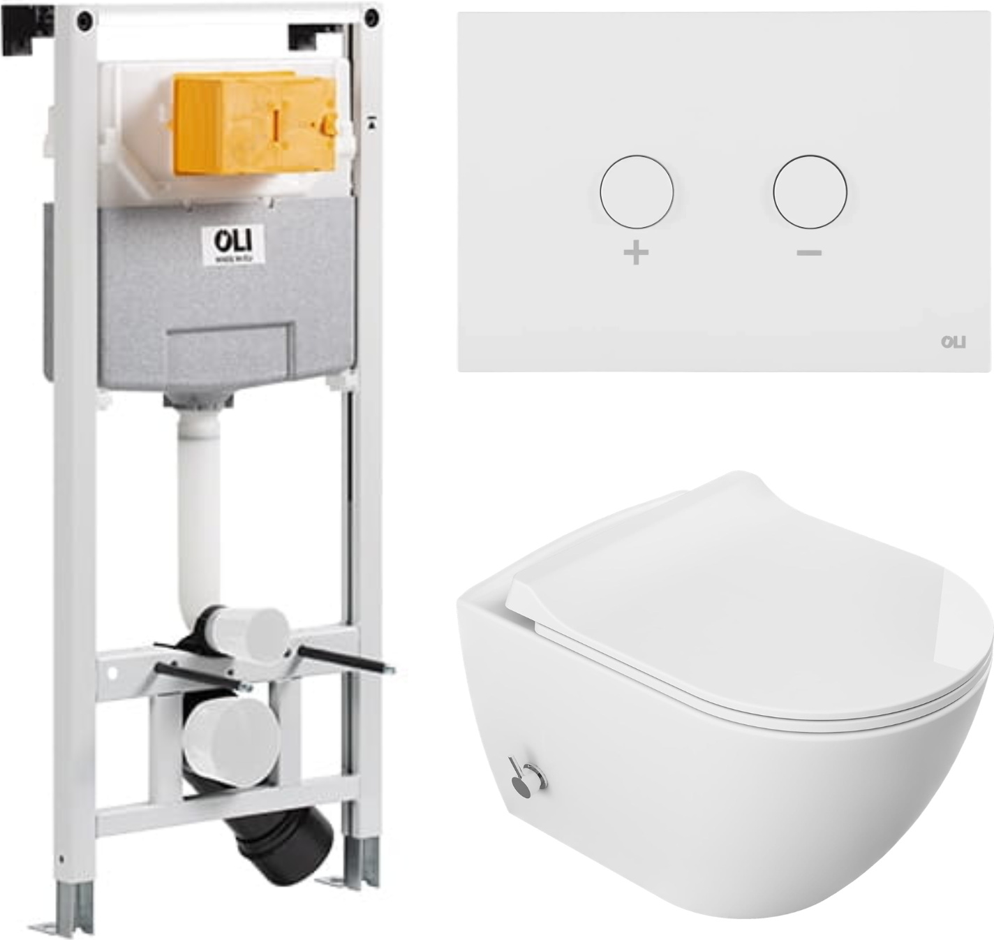 Domotechnika | Hänge Wc Set Viba - Vorwandelement - Unterputzspülkasten - Weiß - Spülrandlos, Rimless, Soft Close, Integrierter Bidet - weißer Knopf
