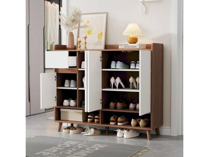 Buffet dressoir - LANGTU - Buffet Dressoir Moderne 120cm - 4 portes & 1 tiroir - Blanc & naturel - Soft‑Close anti‑basculement