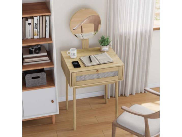 Coiffeuse en Rotin avec Miroir Rond Table de Maquillage en Bois Style Bohème Petite Coiffeuse Gain de Place Norevia