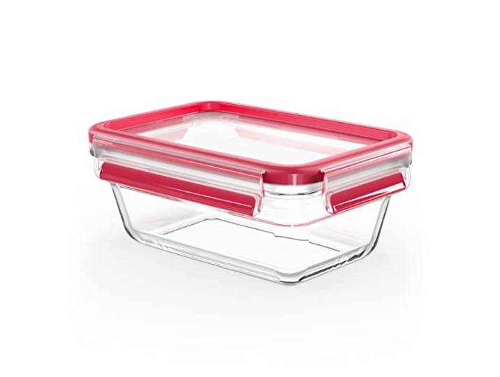 EMSA Clip & Close Glas Frischhaltedose, rechteckig, 0,85 L, 100 Prozent dicht, rutschfestes Stapeln, Glasbehälter spülmaschinen-, gefrier-, backofen-, mikrowellenfest, Rot, Transparent, N10408