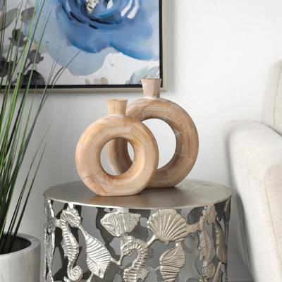 ARCILLA ELEMENTAL Brown Wood Circular Decorative Vase with Cutout Center (Set of 2)