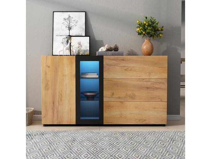 FammyLoft Sideboard Wohnzimmer mit 1 Türen und 3 Schubladen, Wohnzimmerschrank mit 3 Offene Fächer, Esszimmerschrank mit LED-Beleuchtung, Grifflose, Braun