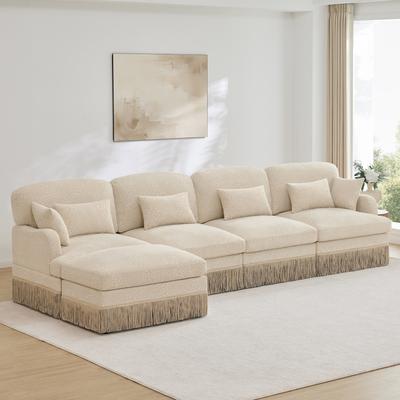 "GDFStudio - 131"" Leopard Print Chenille L-Shaped 4-Seater Modular Sofa with Tassel Edge and Movable Ottoman"