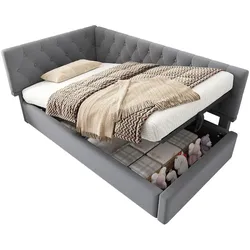 Polsterbett 90x200 mit hydraulischem Stauraum, flexiblem Kopfteil, stabiler Eisenrahmen und samtiger Oberfläche – Grau