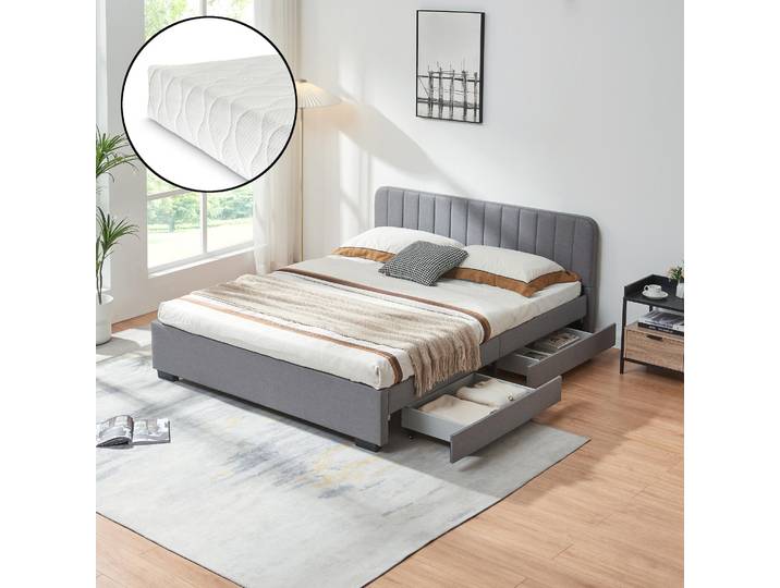 Lit rembourré 'Nofrenna' lit double avec matelas et 4 tiroirs 160 x 200 cm lin gris