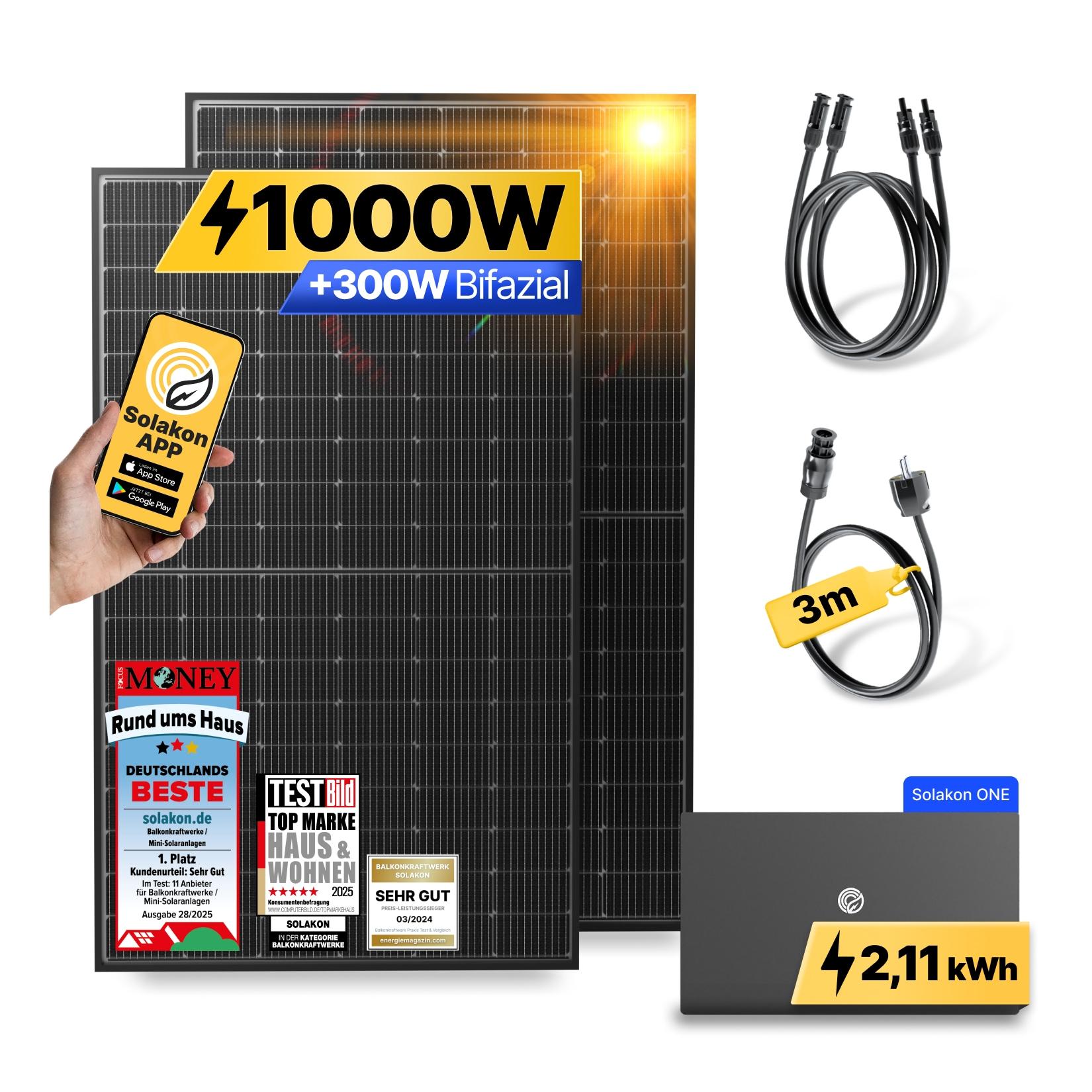 Balkonkraftwerk 1000W/800W Solaranlage mit Solakon ONE Speicher Steckerfertig WIFI Komplettset Photovoltaik Anlage 800W, Kabellänge: 3m