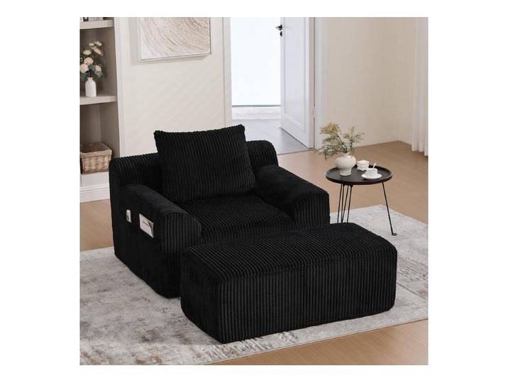 LuxusKollektion Loungesofa Couchsessel Fußhocker Seitentaschen Cord Wohnzimmer Büro Schwarz
