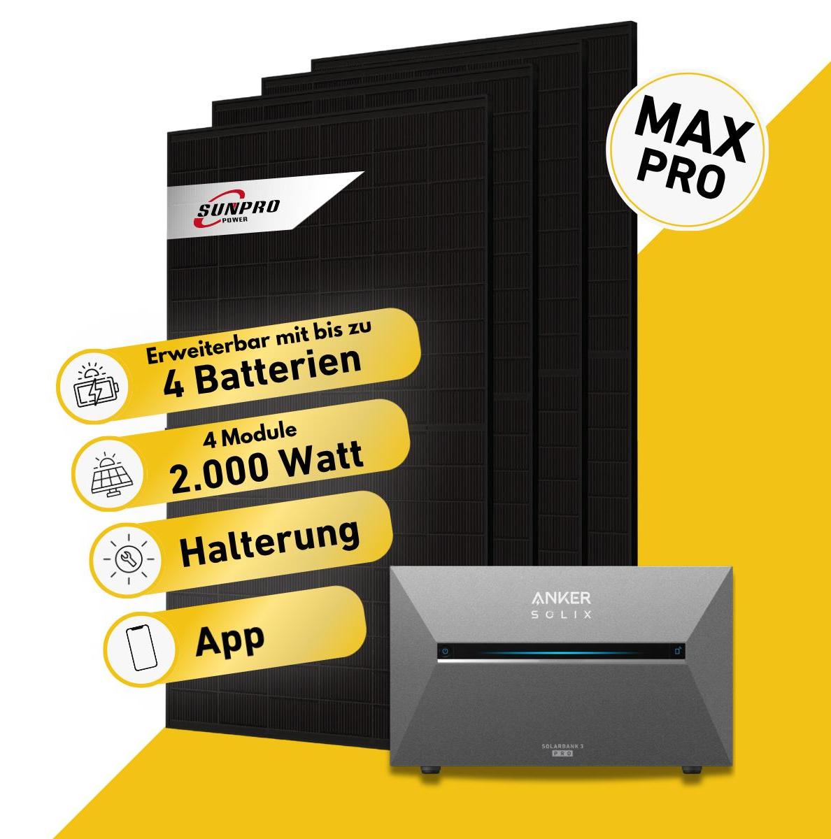 Balkonstrom Balkonkraftwerk 2000W Solaranlage mit Speicher | Ziegeldachhalterung | 4xSolarmodul Bifazial | Anker Solix 3 Pro | Kabel 3m