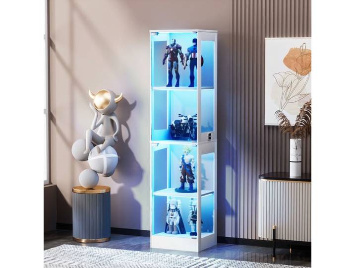 Vitrine en verre LED 3 couleurs avec capteur de mouvement 2 portes push-to-open 4 niveaux de rangement salon/chambre blanc