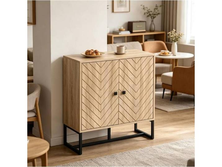 Buffet bas 2 portes avec étagères réglables et portes magnétiques base métallique pour salon bois naturel et noir - UVRION