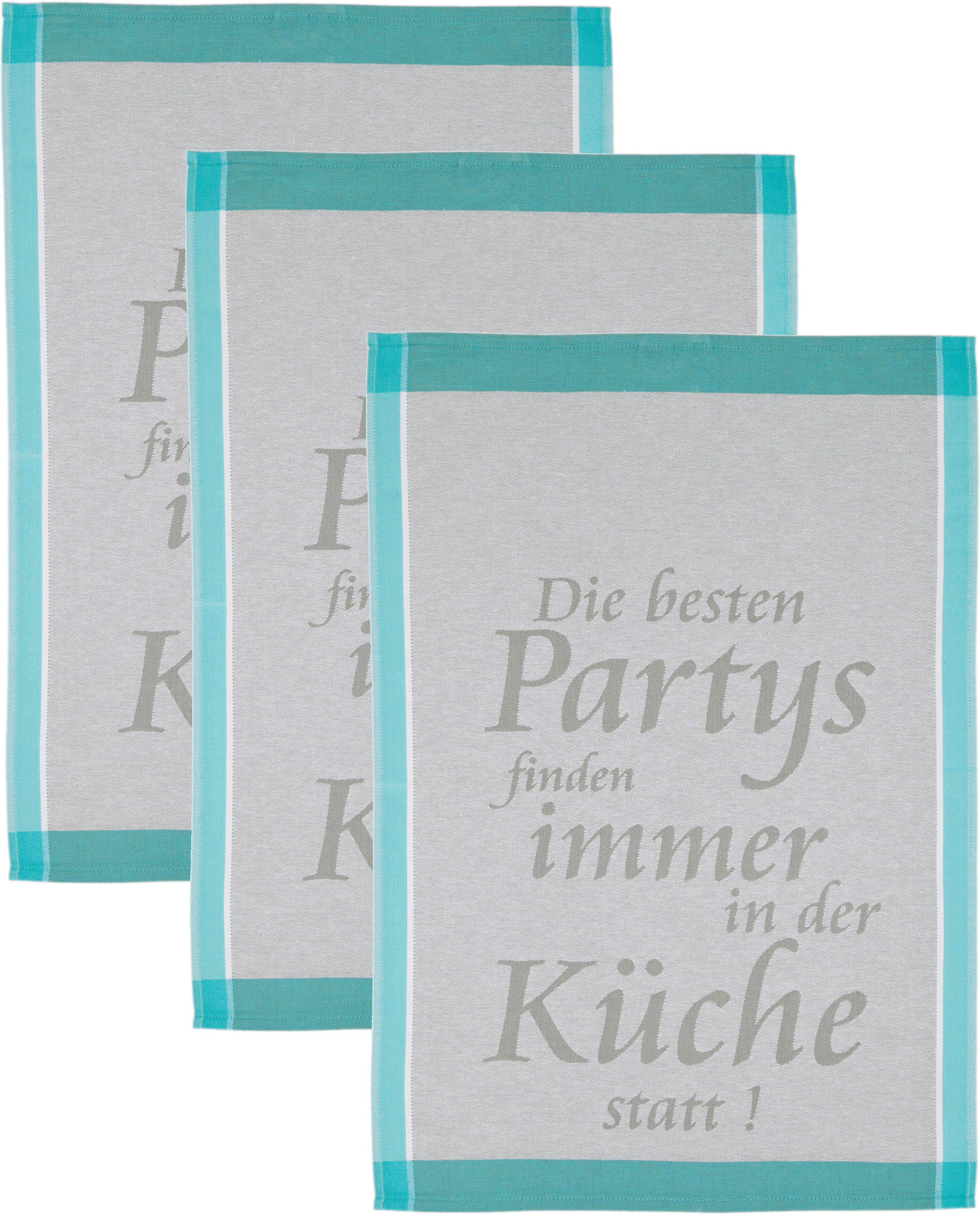 Geschirrtuch ROSS "Die Besten Partys finden immer in der Küche statt", blau (grau, türkis), B:50cm L:70cm, 100% Baumwolle, Geschirrtücher, Geschirrtuch, Sprüchetuch, aus 100% Baumwolle grau, türkis 3 Stk., 100 % Baumwolle