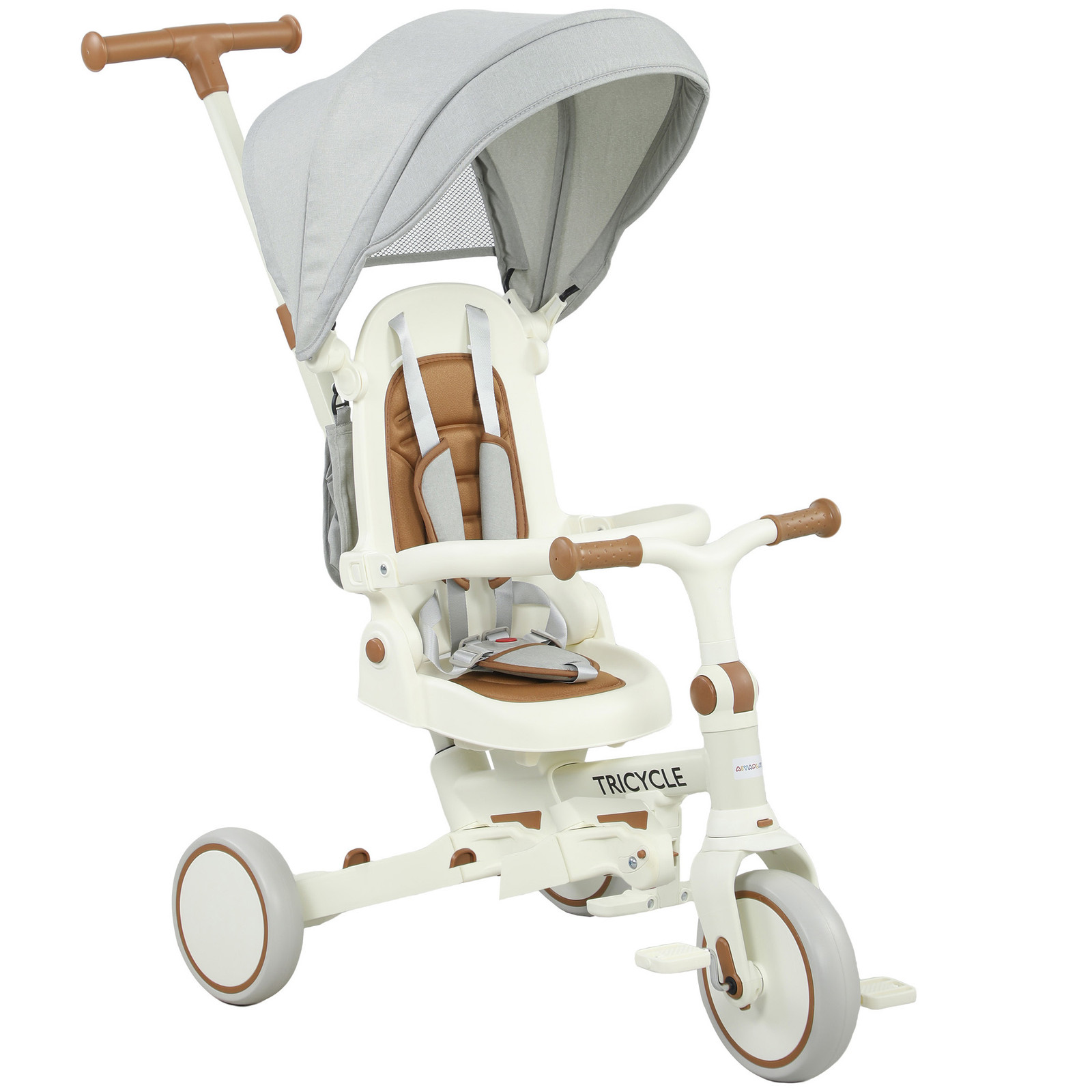 AIYAPLAY Kinderdriewieler 5-in-1 omvormbare babybuggy met afneembare duwstang en veiligheidsgordel, Crèmewit