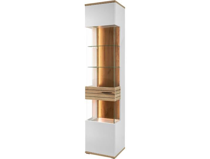 Vitrine Quincy , weiß (lichtgrau), B:45cm H:207,4cm T:40cm, Glas, Holzwerkstoff, MDF, Melamin, SET ONE BY MUSTERRING, Schränke, Vitrine, Spiegelbildlich montierbar, in 2 Farben erhältlich, 204,7 cm hoch