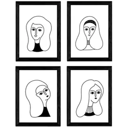 POSTER Set mit 4 „Vier Frauen in Weiß“ Zeichnungen A4 Schwarzer Rahmen