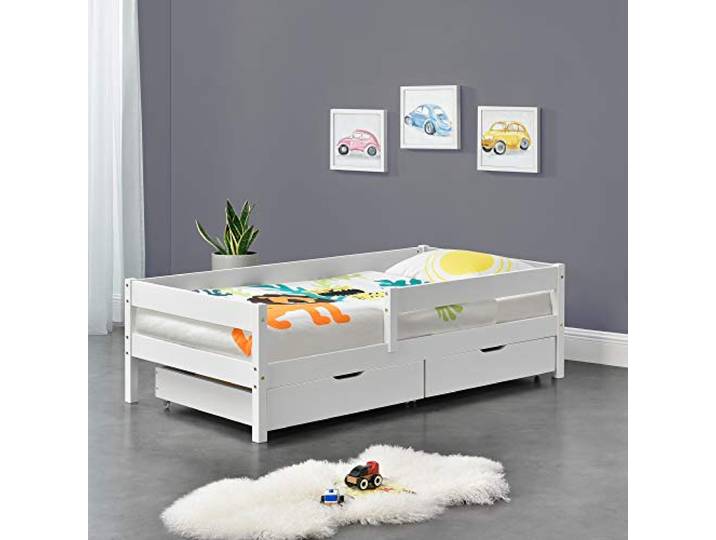 [en.casa] Kinderbett Borgarnes mit Rausfallschutz und Schubladen 90x200 cm Jugendbett mit Schutzgitter bis 100 kg mit Lattenrost Kiefernholz Holz Weiß