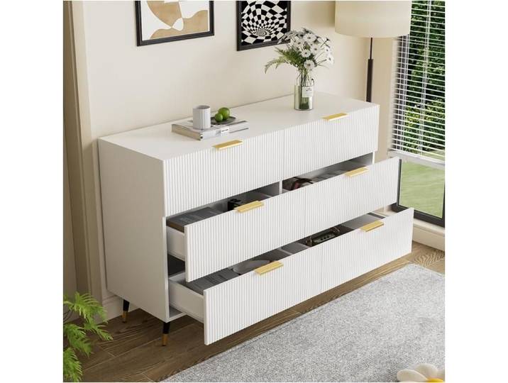 Buffet moderne - 120x77x40 cm - Six tiroirs - Blanc et Or - Design minimaliste