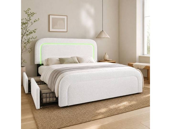 ULEVR Lit rembourré 160x200 cm en Sherpa blanc avec tête de lit LED ports USB/USB-C et 4 tiroirs