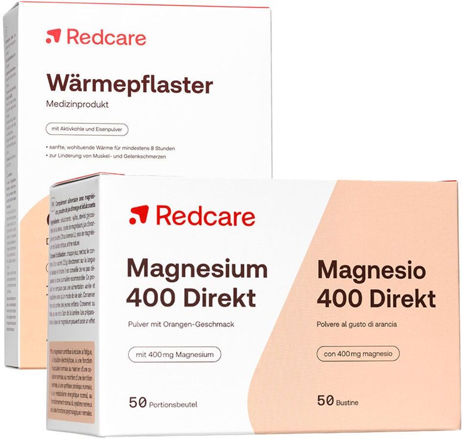 Redcare von Shop Apotheke Redcare Magnesium 400 Direkt + Wärmepflaster bei Menstruationsbeschwerden 50+4 St Set
