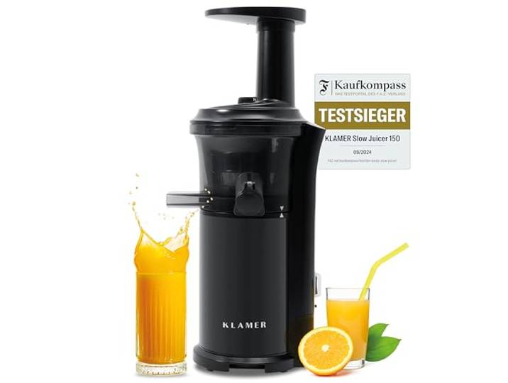 KLAMER Slow Juicer Gemüse und Obst, Entsafter mit maximaler Saftausbeute Metallschnecke, feines Sieb und Trester-Abstreifer holen aus jeder Frucht das Beste heraus und reduzieren Abfall und Kosten