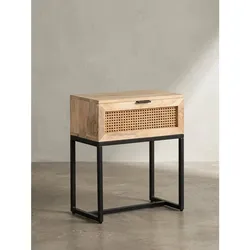 Nachttisch – Mango Massivholz/Rattan, 50x60x30 cm, 1 Schublade, Wiener Geflecht