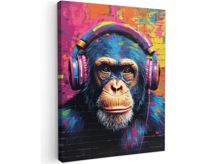 LEINWANDBILD Graffiti - Schimpanse - Straßenkunst - Kopfhörer - Affe Wandbild Wohnzimmer 60x80 cm