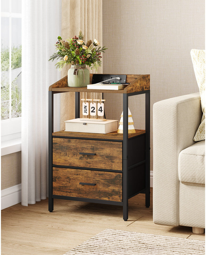 Metro Bedside Table with LED Lights and Charging Station, Bedside Cabinet with 2 Fabric Storage Drawers, Nightstand with USB Ports & TypeC for Bedroom, Livi Rustic Brown 66cm H X 40cm W X 30cm D