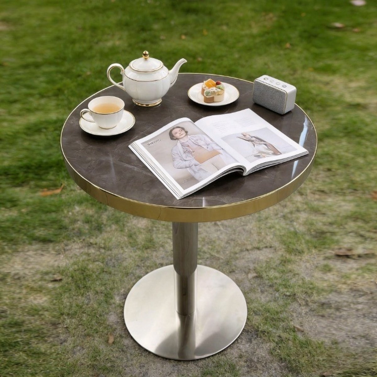 KOMHTOM Bijzettafel - Rond - Marmerlook - Goudkleurig Roestvrij Stalen Frame