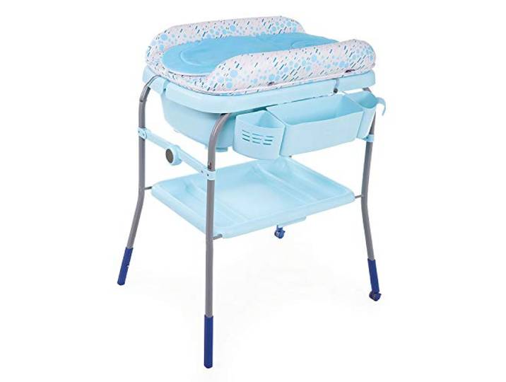 Chicco Cuddle & Bubble Badewanne Wickeltisch Neugeborenen Ergonomisch mit Matratze und Weichem Reduzierer, Höhenverstellbar, Kompakte Verschluss, Eltern Organizer 2 Räder, Max 11kg, Ocean