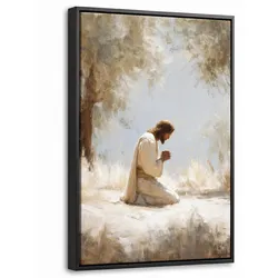 LEINWAND Bilder mit Rahmen - Jesus - Kniend - Waldlandschaft - Betend - 40x60