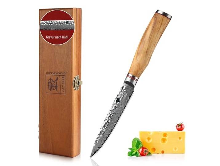 zayiko Minami Damast Allzweckmesser mit Gravur – Personalisiertes Küchenmesser, 12,5 cm Klinge aus 67 Lagen Damaststahl (VG10-Kern), Hammerschlag, Olivenholzgriff – Allzweckmesser in Geschenkbox