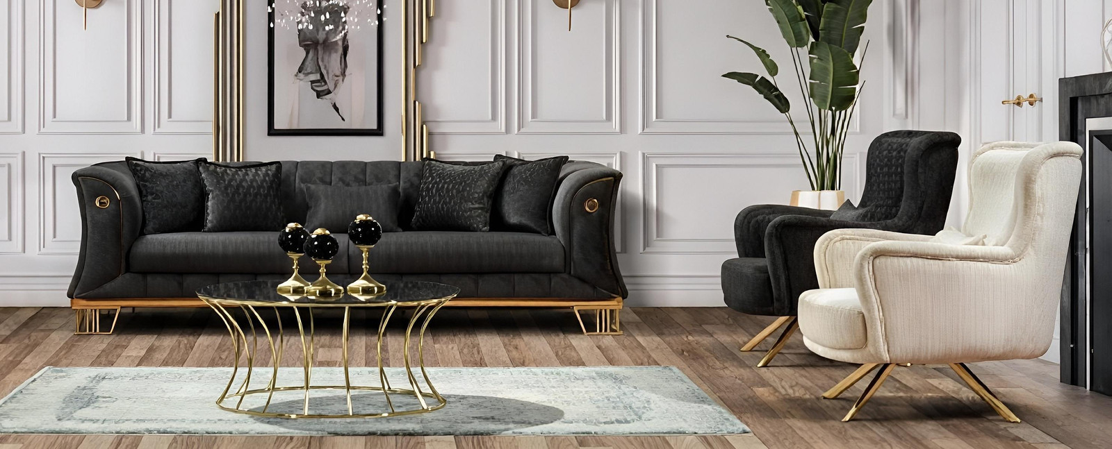 Stijlvolle zwart-witte zetset met witte gepolsterde fauteuil en 3-zitsbank
