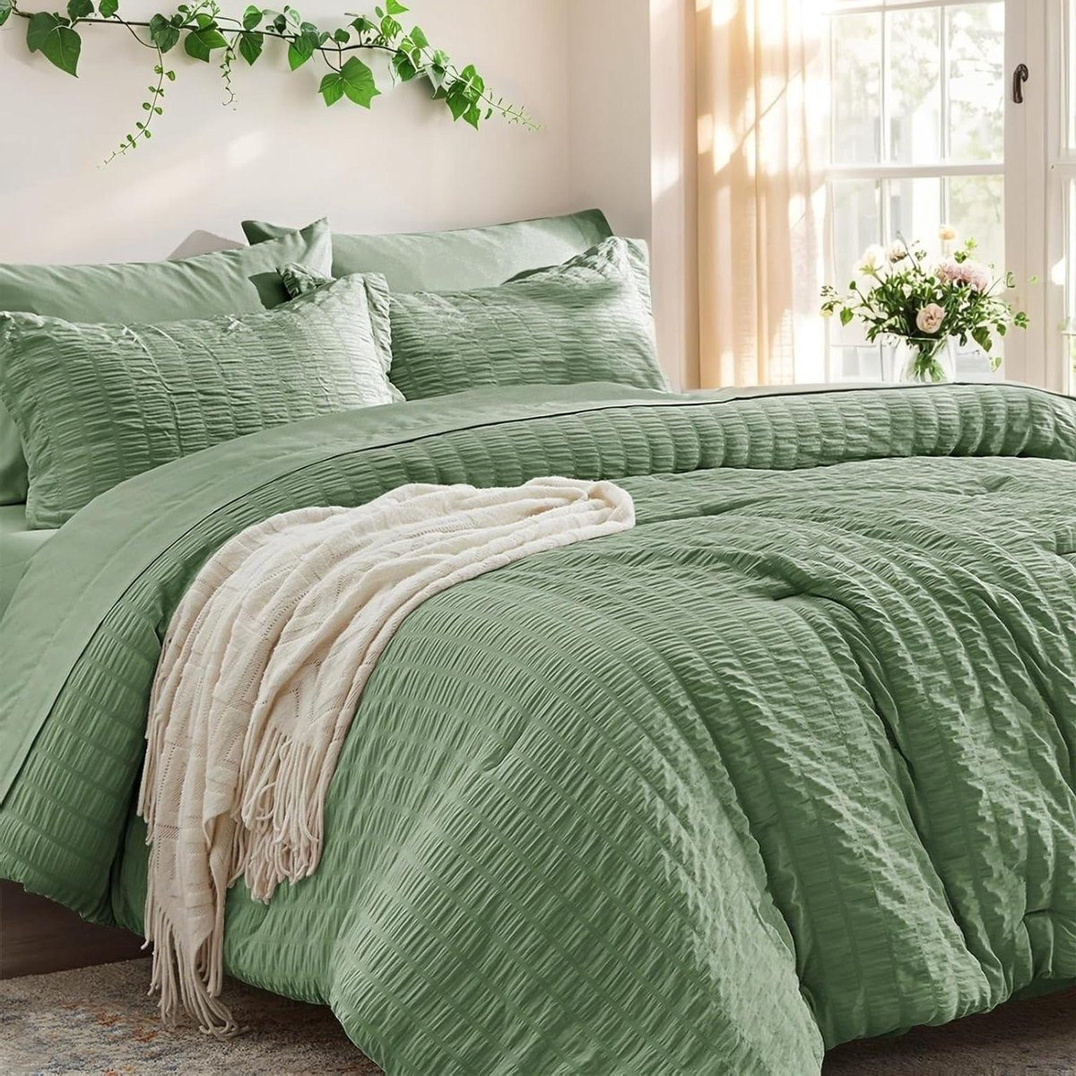 7-delige Kingsize dekbedset met seersucker textuur in saliegroen