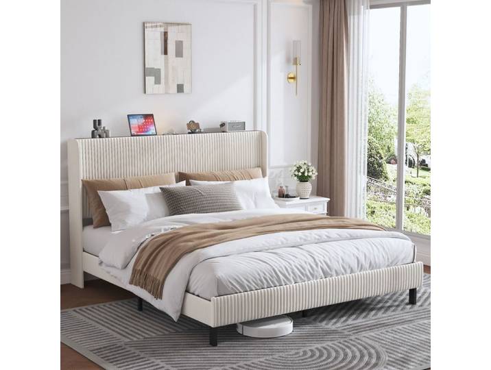 Cadre de lit 180x200 cm lit plateforme rembourré avec tête de lit en tissu design à bords ailés lattes métalliques