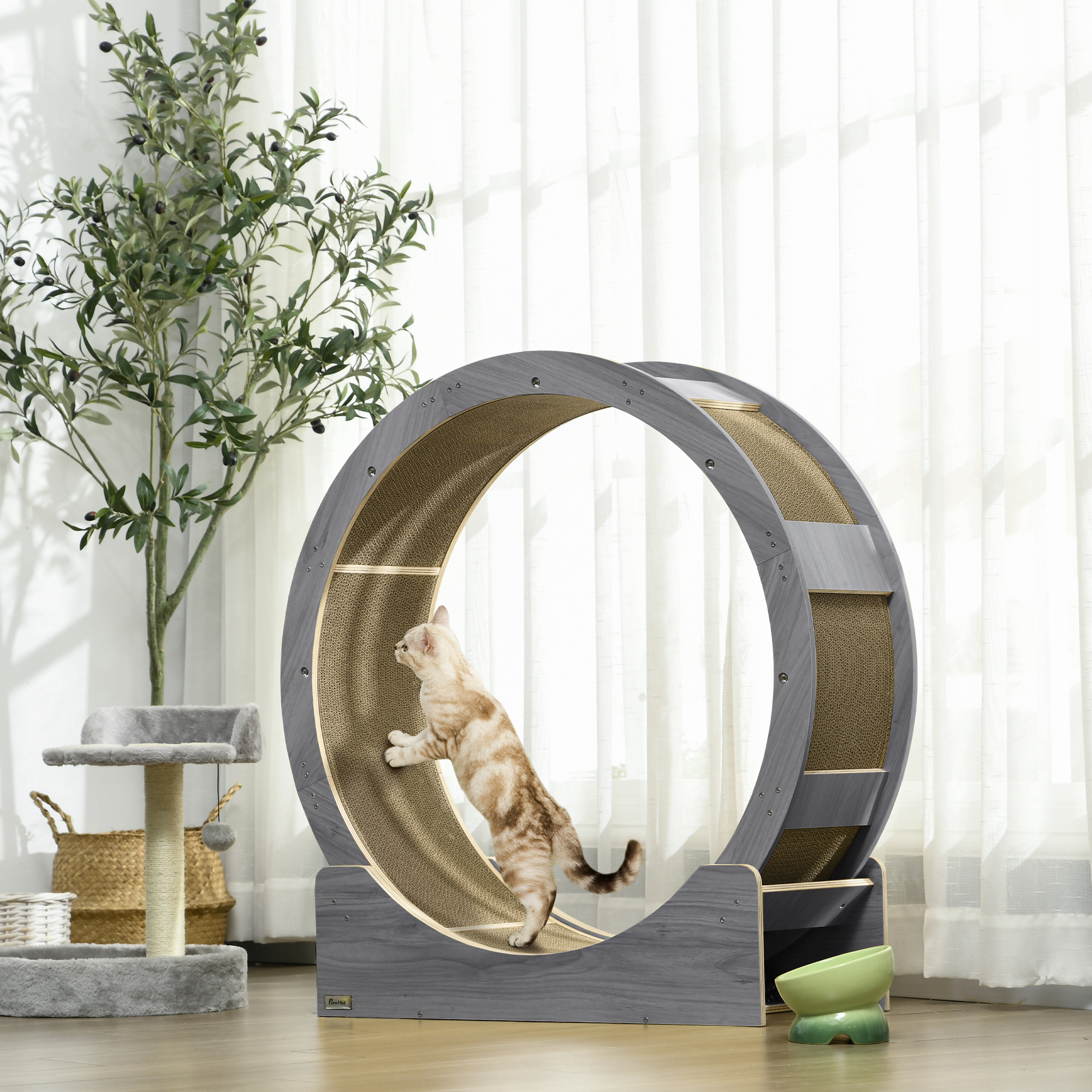 Pawhut Ruota per Gatti, Ruota per Gatti, 91 cm, con Freno, Tappetino grattabile, Gatto per un'esercitazione sana, Nocciola