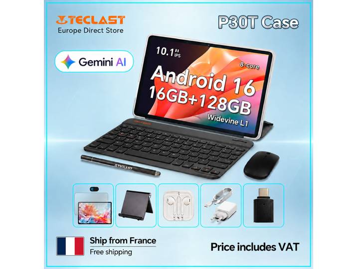 Étui Teclast P30T pour tablette Android 16 10,1 16 Go (3 Go + 13 Go) RAM 128 Go ROM Processeur 8 cœurs Clavier/Étui/Souris/Stylo/Casque/Support