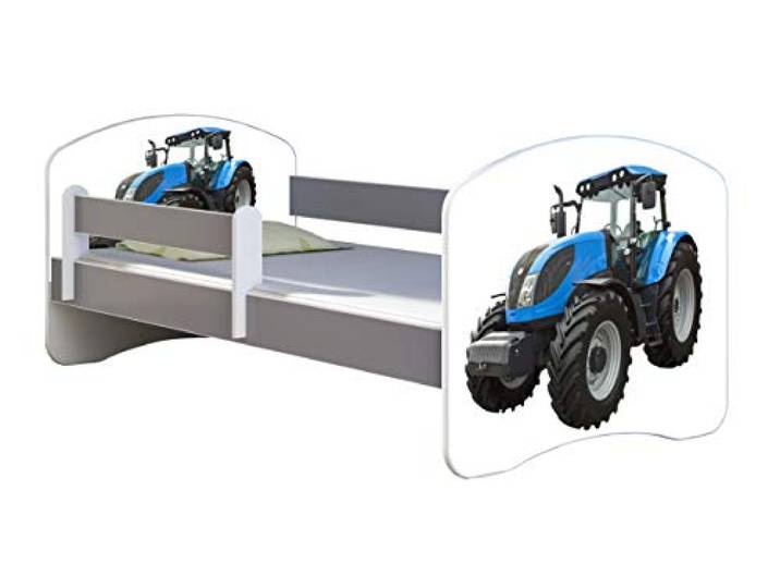 ACMA Kinderbett Jugendbett mit Matratze Grau mit Rausfallschutz Lattenrost II Spielbett Kinderzimmer Möbel (42 Traktor, 180x80)