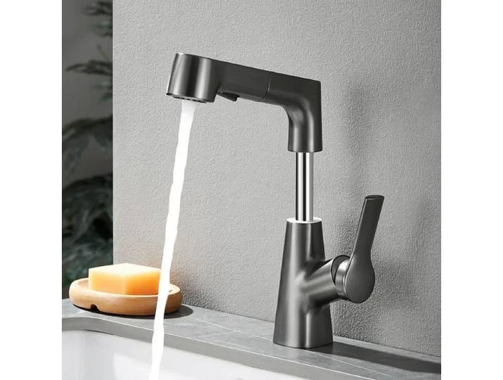 Robinet de cuisine élévateur extractible 360 ° Robinet de lavabo de salle de bains rotatif, robinet d'évier de cuisine en acier inoxydable avec pulvérisateur extractible